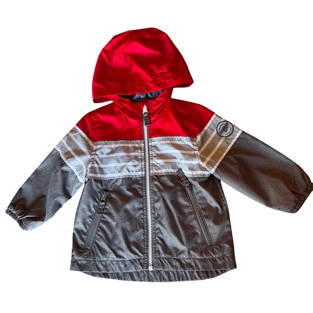 Oshkosh B’Gosh Zip Front Hooded Jacket Size 18 Months Gray & Red, Lined EUC